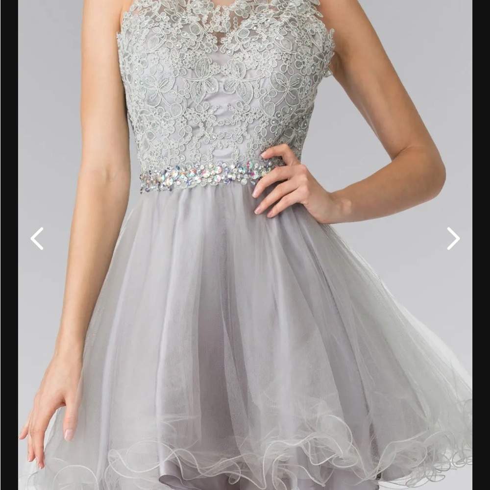 Elizabeth K by GLS Silver Lace & Tulle Cocktail Dress | Hand Beaded | Size L